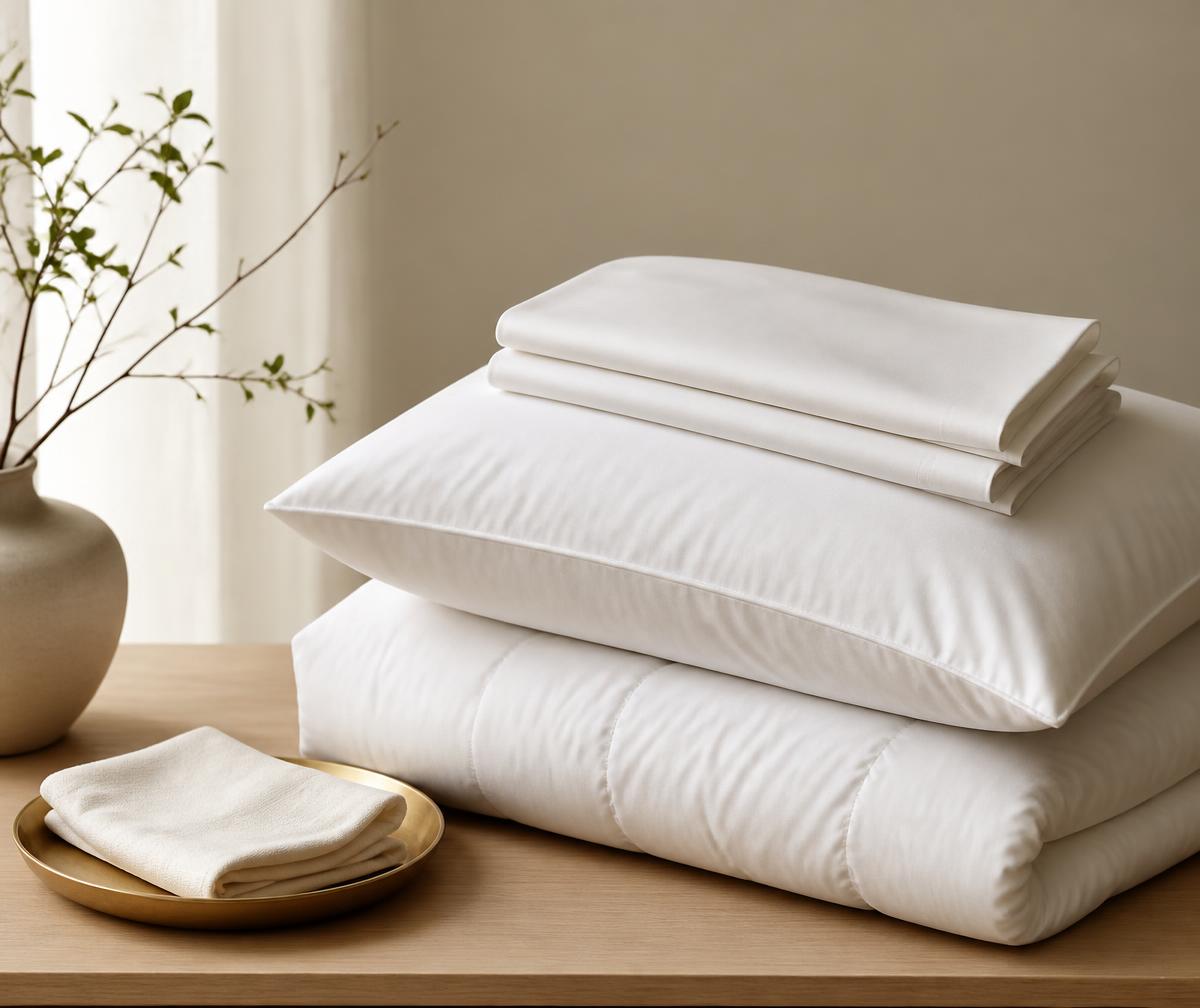 Folded white pillow protectors and a down pillow stacked on pale oak beside a brass tray