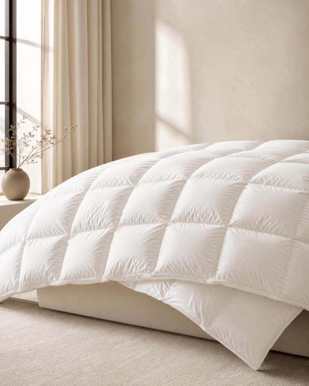 Down Comforter styled on a made bed, Plumés Bedding
