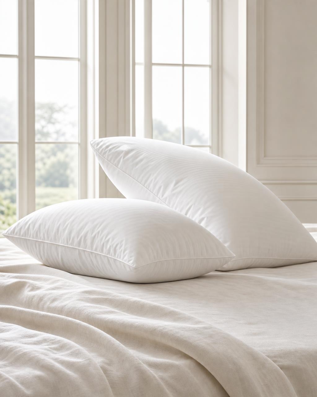 Down Pillow styled on a made bed, Plumés Bedding