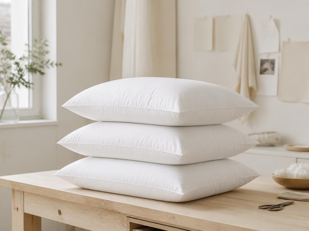 A small stack of finished down pillows on an atelier workbench