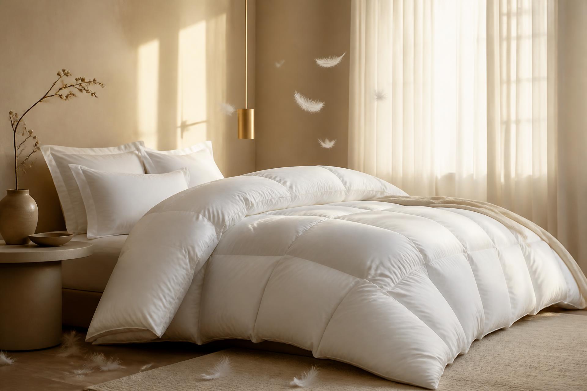 A bed dressed in a down comforter and pillows in soft morning light
