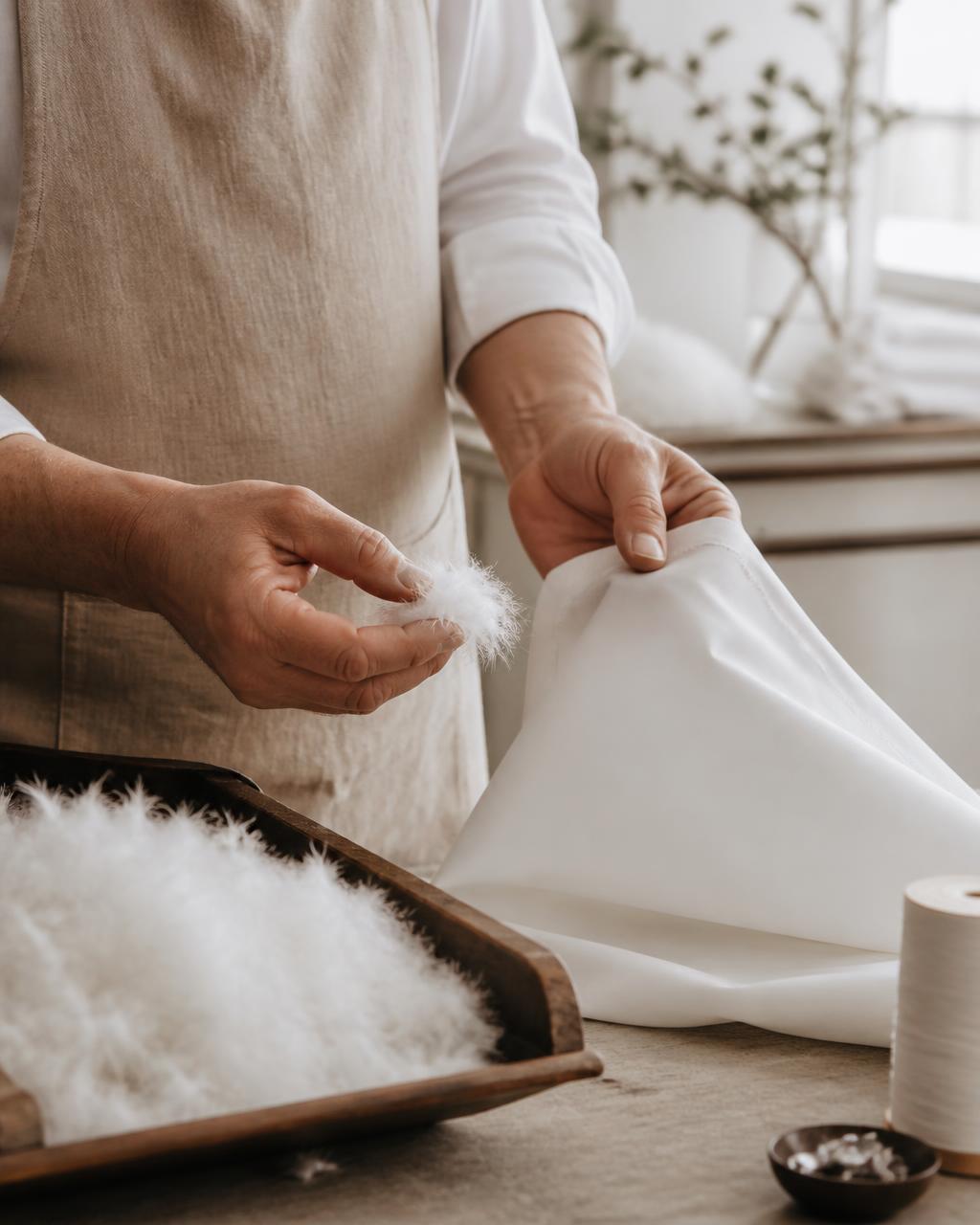 Hands inspecting white down fill and fine cotton shell fabric on a workbench